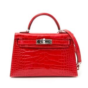 Red Crocodile Embossed Satchel with Silver Hardware